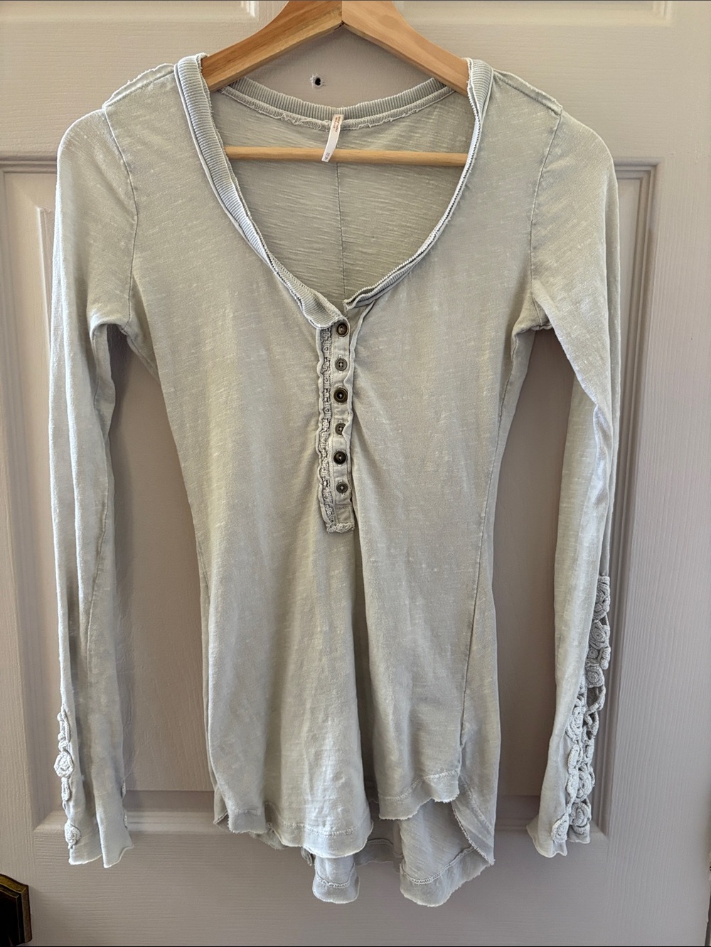 Free People Light gray Long-Sleeve Henley with Button Placket and crochet detail